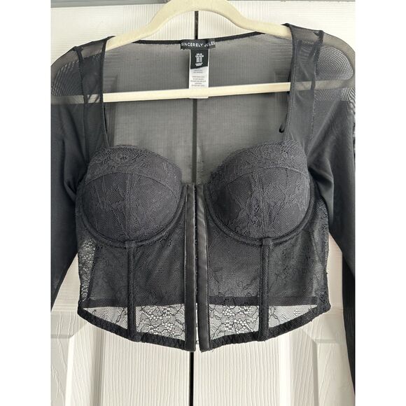 Sincerely Jules Junior's Lace Corset Top Size M Black Long Sheer Sleeves - Picture 7 of 10